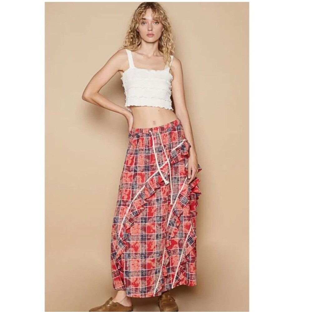 POL Plaid Ruffle Maxi Skirt Sz Med Boho Cottagecore Prairie Festival 100% Cotton